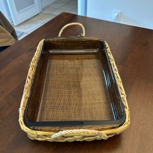 Pyrex Brown Glass Baking Dish with Woven Basket